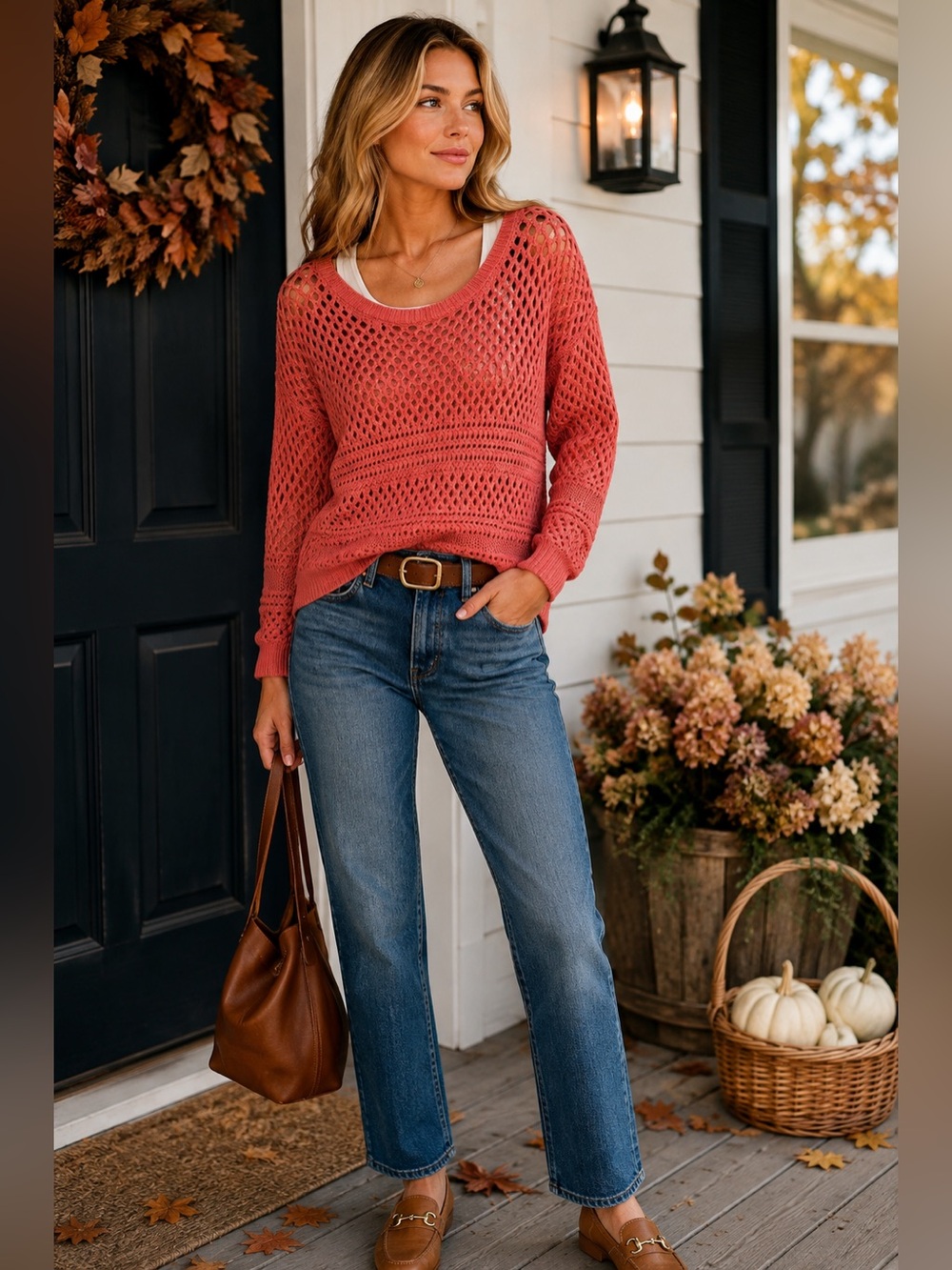 American Eagle Coral Open Knit Crochet Sweater L Coastal Preppy Layering